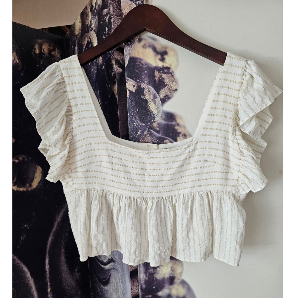 BCBGMAXAZRIA Womens White Gold Metallic Striped Ruffle Sleeve Crop Top‎ Small